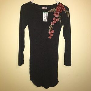 Rose Embroidered Ribbed Bodycon Dress